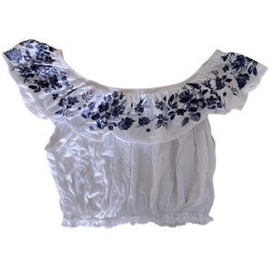 SALE GARAGE White Off-the-Shoulder crop top with Navy Embroidered Collar size XS